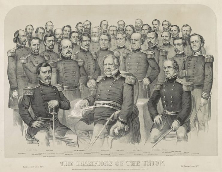 The champions of the Union, lithograph by Currier & Ives, 1861. Banks is among the frontmost standing figures, just left of the central seated figure.
