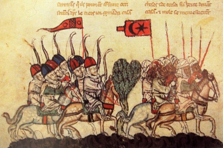 The battle of Wadi al-Khazandar, 1299. depicting Mongol archers and Mamluk cavalry