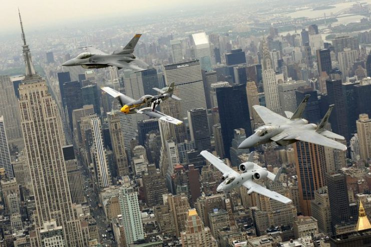 Classic aircraft over New York City