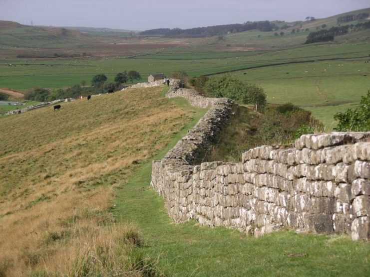 Sections of Hadrian’s Wall remain along the route, though much has been dismantled over the years to use the stones for various nearby construction projects.Photograph taken by Velella.