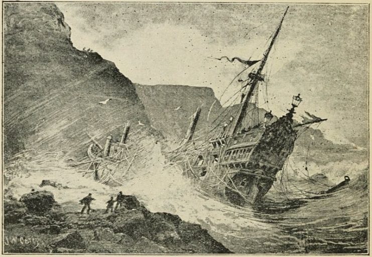 19th-century engraving depicts a Spanish Galleon shipwreck at Port-Na Spaniagh, 1588. Lacada Point and the Spanish Rocks are in the background.