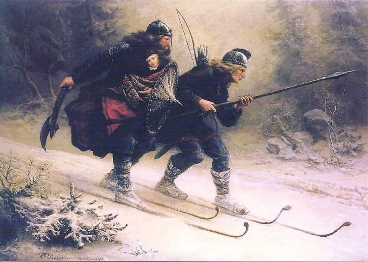 19th-century impression of the birkebeiner bringing the infant Haakon to safety (Knud Bergslien).