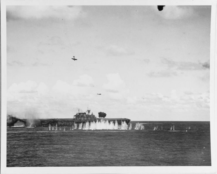 Japanese planes swamp Hornet’s defenses at the Battle of the Santa Cruz Islands, 26 October 1942. (U.S. Navy Photograph 80-G-33947, National Archives and Records Administration, Still Pictures Division, College Park, Md.)
