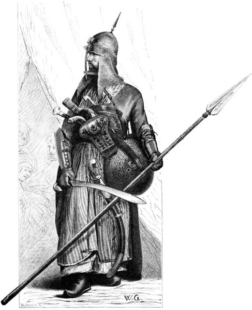 An Egyptian mamluk warrior in full armor and armed with lance, shield, Mameluke sword and pistols