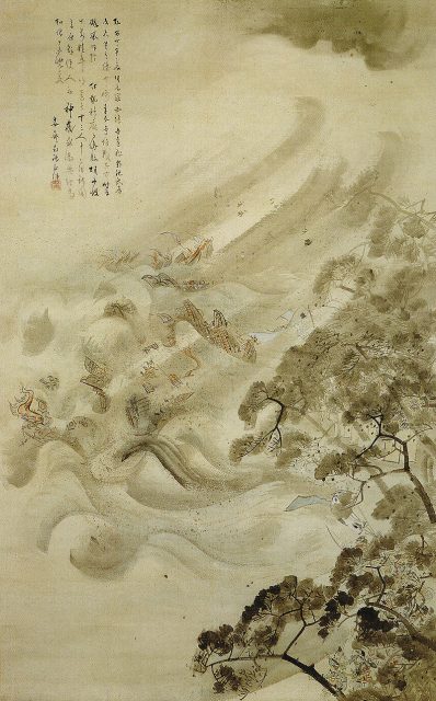 The Mongol fleet destroyed in a typhoon, ink and water on paper, by Kikuchi Yōsai, 1847