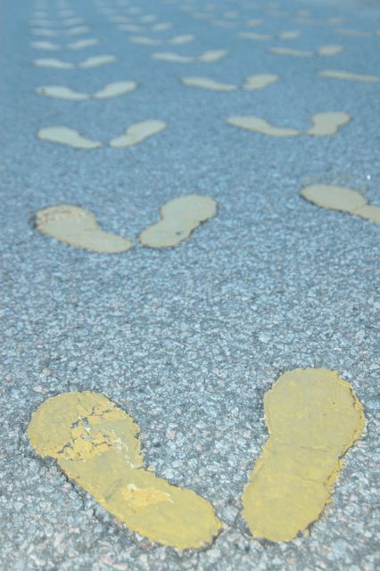 The famous yellow footprints outside of the Receiving Building, where prospective Marines receive their first taste of military life