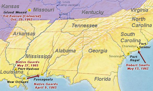 Map of early African-American involvement in the Civil War, including the Native Guard at Pascagoula and Port Hudson