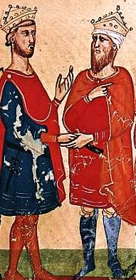 Frederick II (left) meets Al-Kamil (right).