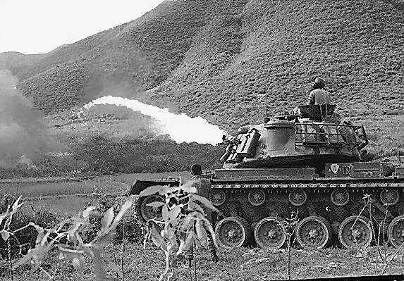 American flamethrower tank M67 in the Vietnam War. 1966.