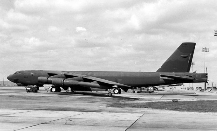 A Boeing B-52H, AF Ser. No. 60-0017, of the type assigned to the 449th Bomb Wing