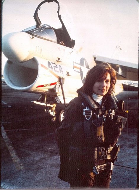 Capt Rosemary Bryant Mariner, in 1976, with A-7 Corsair II in the background