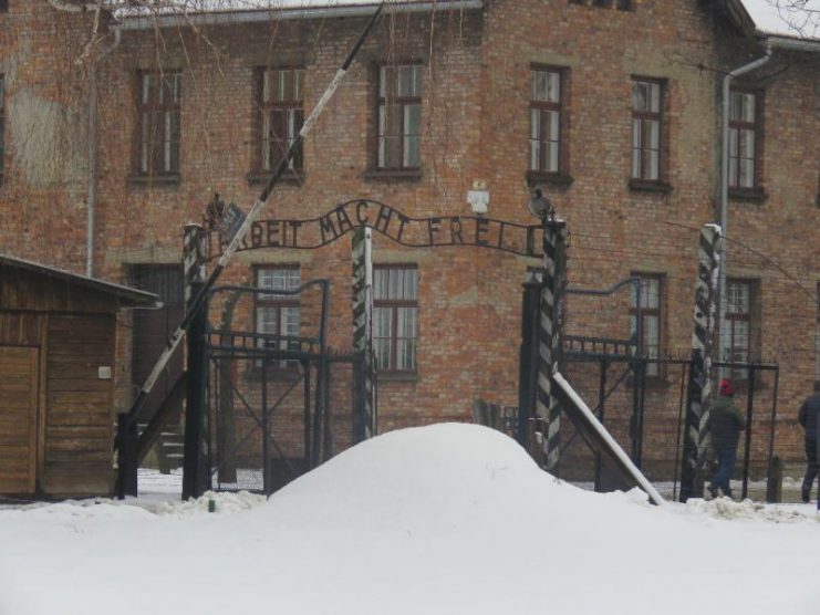 Cold, foreboding entrance to Auschwitz.