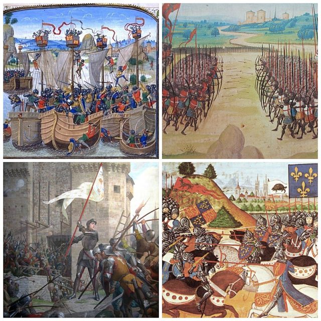 Collage of paintings representing battles of the Hundred Years’ War. Clockwise, from top left- La Rochelle, Agincourt, Patay, Orleans.Photo: Blaue Max CC BY-SA 4.0