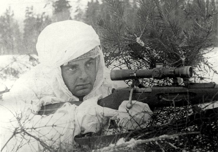Copy of 1943 newspaper photo of famed sniper Fedir Dyachenko in Leningrad.