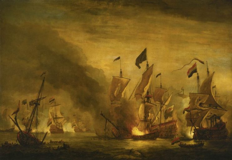 Painting of a Dutch fireship attack on the English flagship Royal James.