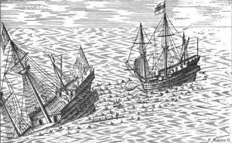 Engagement between a Spanish galleon and a Dutch ship, found in The Story of the Barbary Corsairs’ by Stanley Lane-Poole, published in 1890 by G.P. Putnam’s Sons.