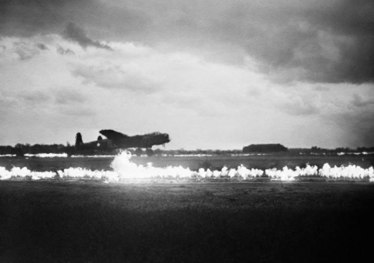FIDO at Graveley, Huntingdonshire, as an Avro Lancaster of No. 35 Squadron RAF takes off in deteriorating weather, 28 May 1945.