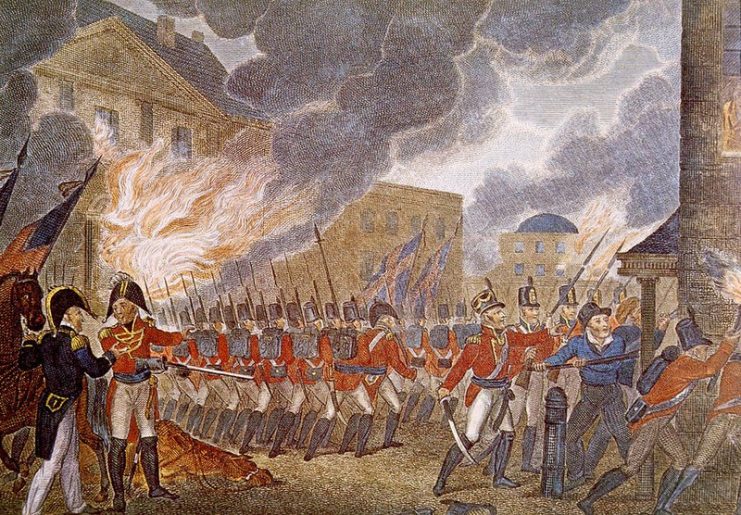 Following their victory at the Battle of Bladensburg, the British entered Washington, D.C., burning down buildings including the White House.