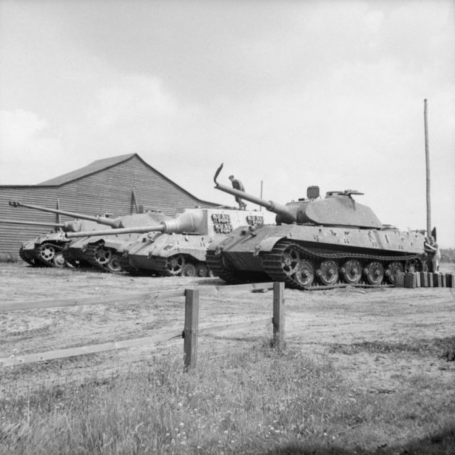 Four German heavy tanks at the Panzer experimental establishment at Haustenbeck near Paderborn. The Jagdtiger is second from right.