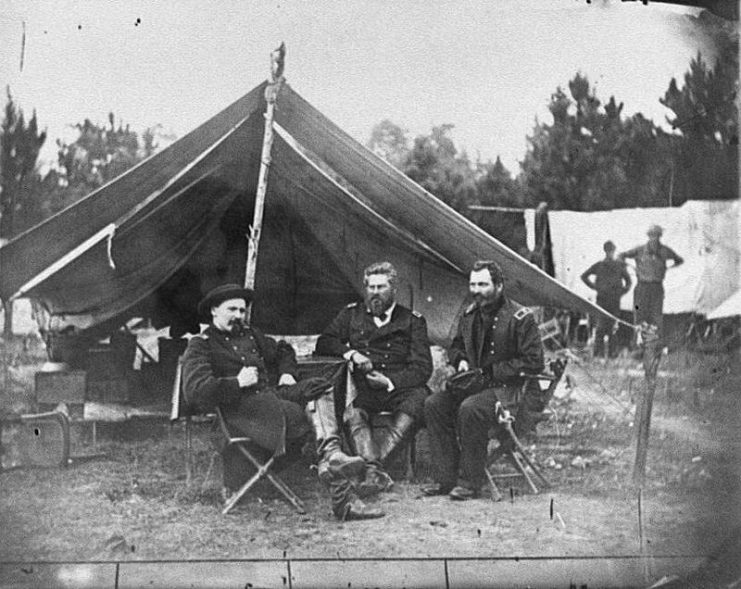 General Sedgwick (seated right) with Colonels Albert V. Colburn and Delos B. Sackett in Harrison’s Landing, Virginia, during the Peninsula Campaign in 1862.