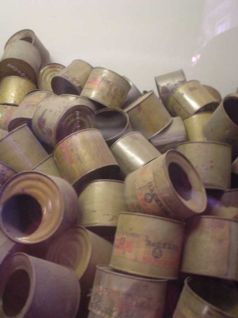 Empty poison gas canisters found by the Allies in the Auschwitz-Birkenau Nazi extermination camp at the end of World War II.