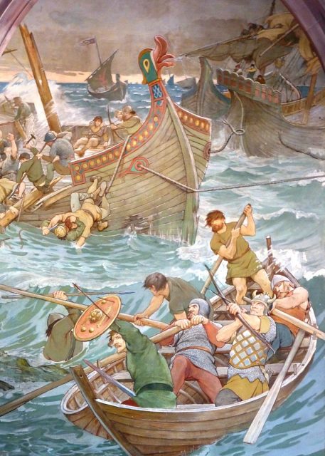 Haakon’s ships depicted on William Hole’s mural in the Scottish National Portrait Gallery