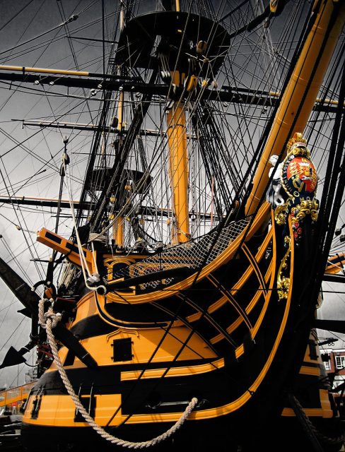 HMS Victory (1765), Nelson’s flagship at Trafalgar, is still a commissioned Royal Navy ship, although she is now permanently kept in dry-dock.Photo: Jamie Campbell CC BY 2.0