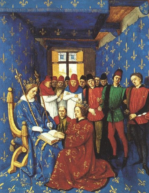 Homage of Edward I of England (kneeling) to Philip IV of France (seated), 1286. As Duke of Aquitaine, Edward was also a vassal to the French King.