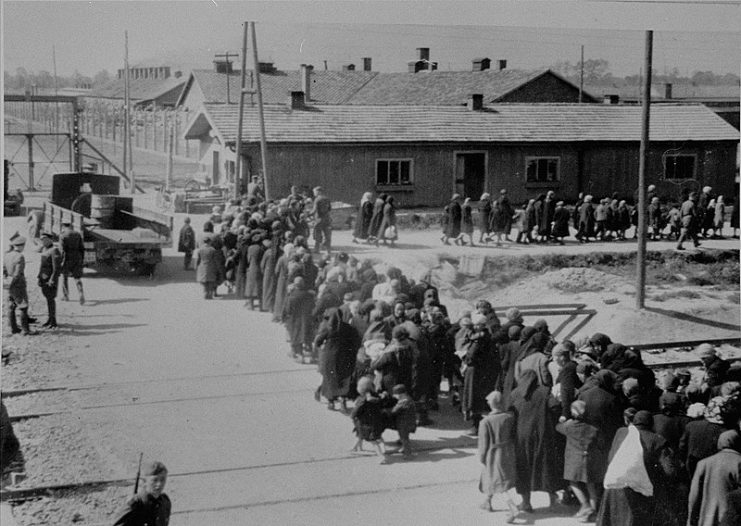 Jewish women and children from Subcarpathian Rus walking toward the gas chamber, Auschwitz II, May June 1944. The gate on the left leads to sector BI, the oldest part of the camp.