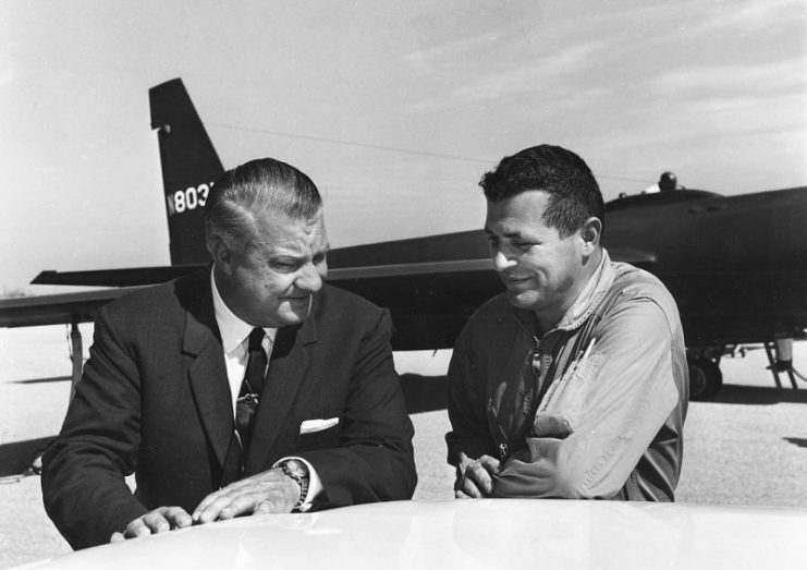 Francis Gary Powers (right) with U-2 designer Kelly Johnson in 1966. Powers was a USAF fighter pilot recruited by the CIA in 1956 to fly civilian U-2 missions deep into Russia. (Lockheed Company photo)