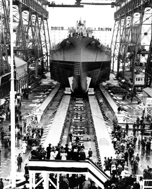 Launching, at the Norfolk Navy Yard, Portsmouth, Virginia, 16 February 1942.