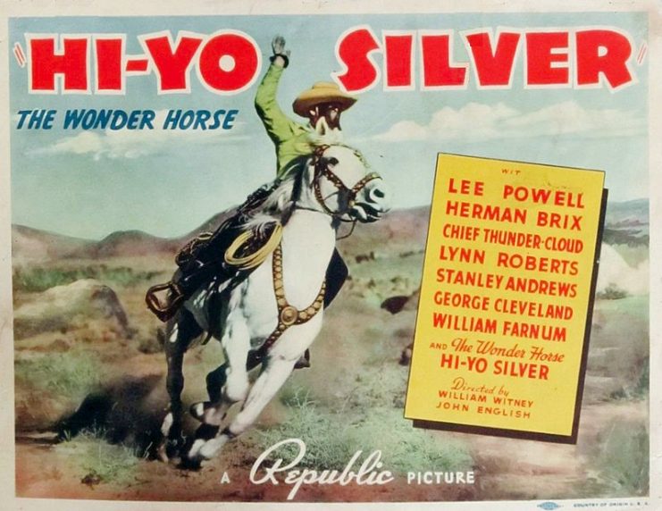 Lobby card for the 1940 film Hi Yo Silver. The full-length film was created with footage from the 1938 serial The Lone Ranger.