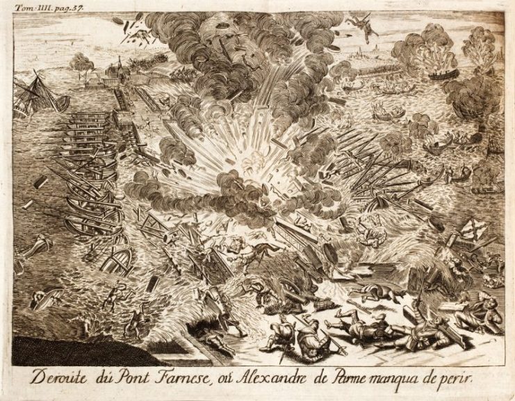 Engraving from the eighteenth century depicting the explosion of one of Giambelli’s “hellburners” at the bridge of boats of the Duke of Parma in the Siege of Antwerp (1585) .