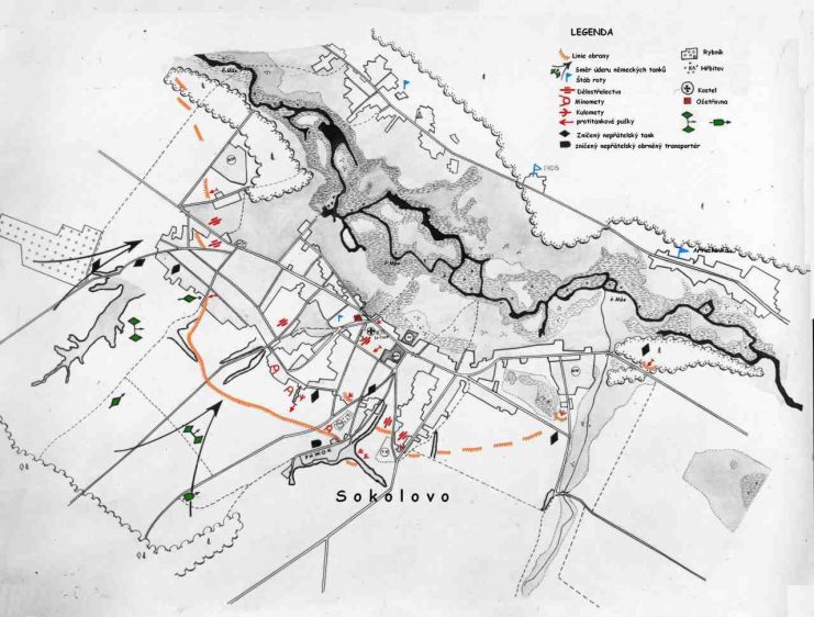 Map of the Battle of Sokolovo with Czechoslovak positions in red and German positions in green colors