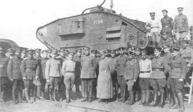 Soldiers of the Don Army in 1919 with a Mark V tank