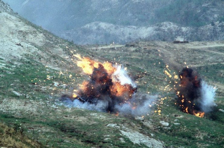 Napalm bombs explode after being dropped from a Republic of Korea Air Force F-4E Phantom II aircraft during a live-fire exercise.