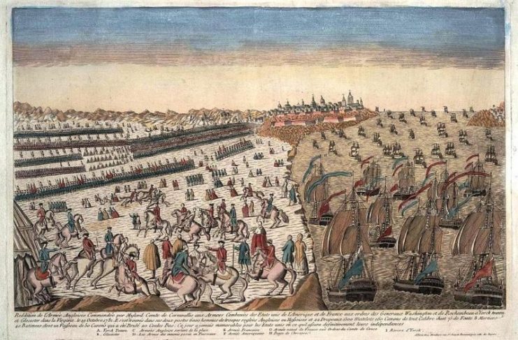Overview of the capitulation of the British army at Yorktown, with the blockade of the French squadron.