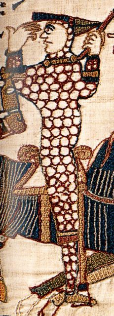 Panel from the Bayeux Tapestry – this one depicts Duke William lifting his helmet at the Battle of Hastings to show that he still lives.
