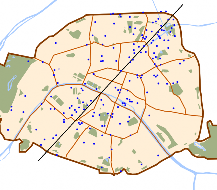 Map of central districts of Paris, showing where shells fired by the Paris Gun landed, June-August 1918
