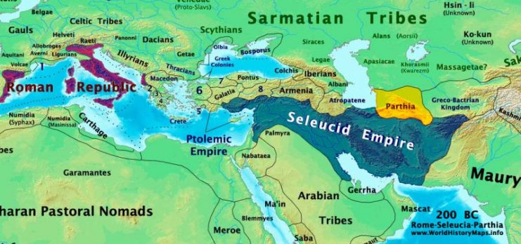 Parthia, shaded yellow, alongside the Seleucid Empire (blue) and the Roman Republic (purple) around 200 BC.Photo: Talessman CC BY-SA 3.0
