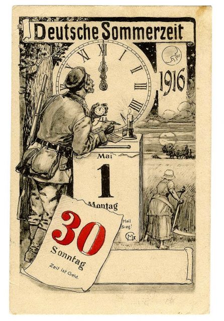 Postcard for the introduction of summer time in Germany on April 30, 1916 Photo by Grafj CC BY-SA 4.0
