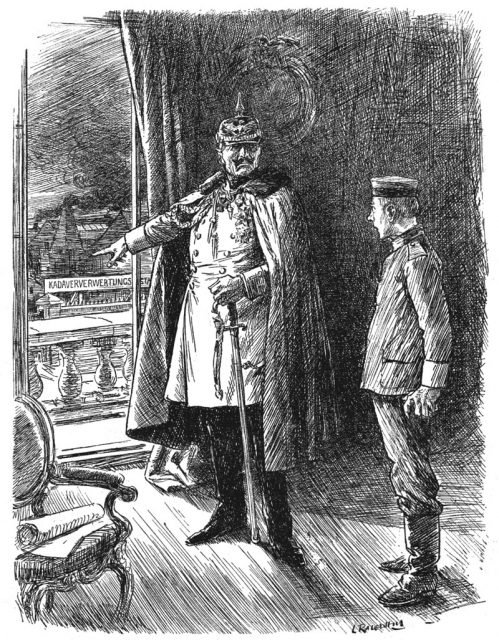 Kaiser (to 1917 Recruit). “And don’t forget that your Kaiser will find a use for you—alive or dead.” Punch, 25 April 1917