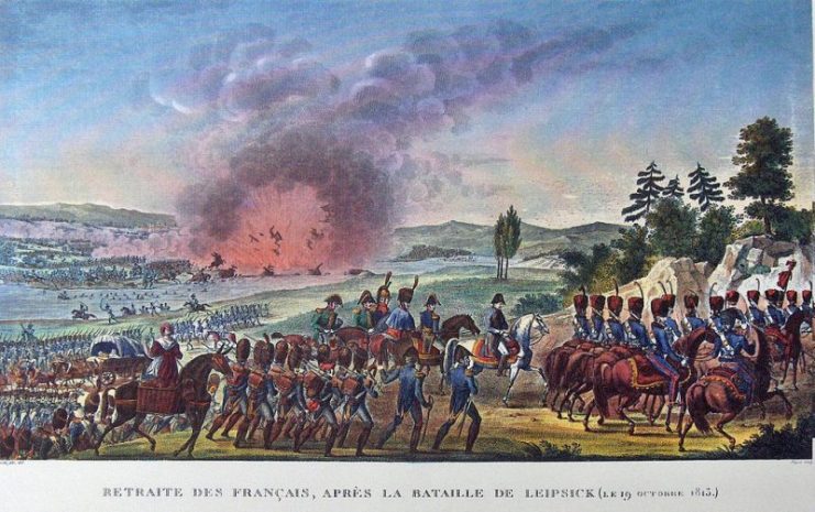 Retreat of Napoleon on 19 October 1813, showing the explosion of the bridge