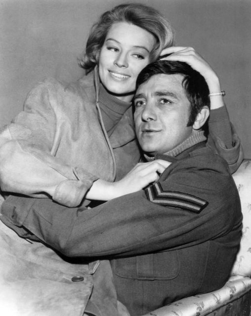 Photo of Richard Dawson as Newkirk with Ulla Stromstedt from the television program Hogan’s Heroes.