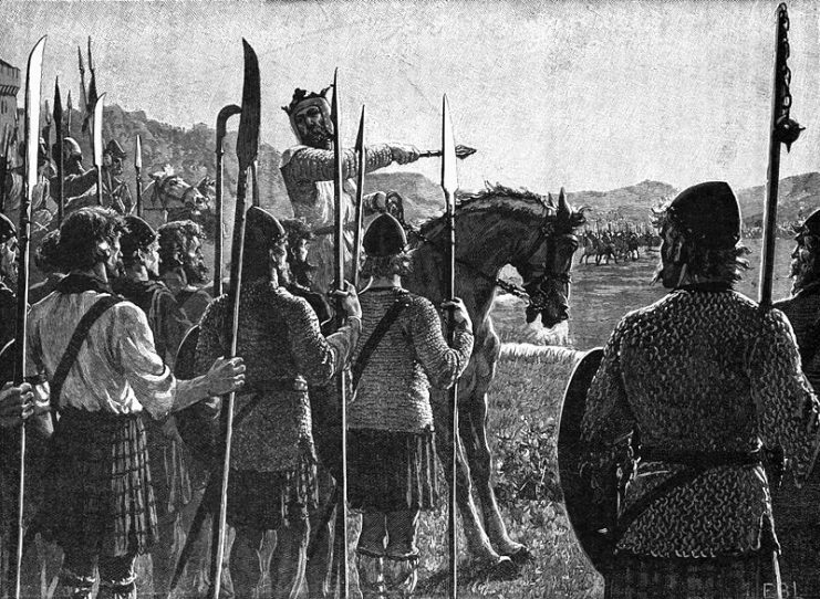 First War of Scottish Independence. Robert the Bruce addresses his troops before the Battle of Bannockburn. Drawing from c. 1900.