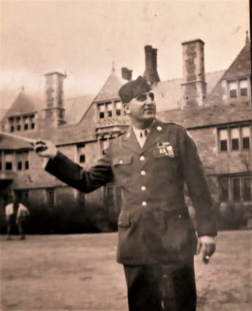 Octavian Savu is pictured in front of McMillan Hall at Washington University in St. Louis during WWII. It was here that he met cartoonist Mort Walker and unknowingly became the inspiration for a character in the Beetle Bailey comic strip. Courtesy of Rena Griffin