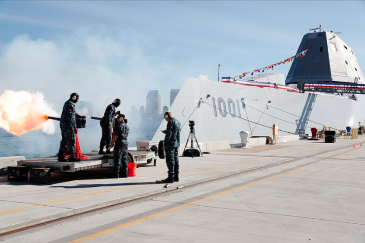 (Jan. 26, 2019) Sailors assigned to the Naval Base Coronado security department fire a 19-gun salute during the commissioning ceremony for the Zumwalt-class guided-missile destroyer USS Michael Monsoor (DDG 1001).