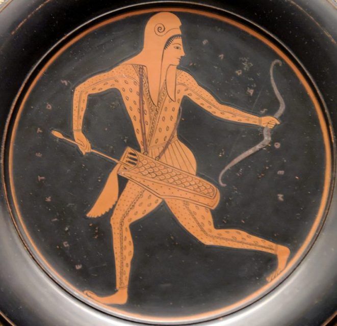 An Attic vase-painting of a Scythian Archer (a police force in Athens) by Epiktetos, 520-500 BC