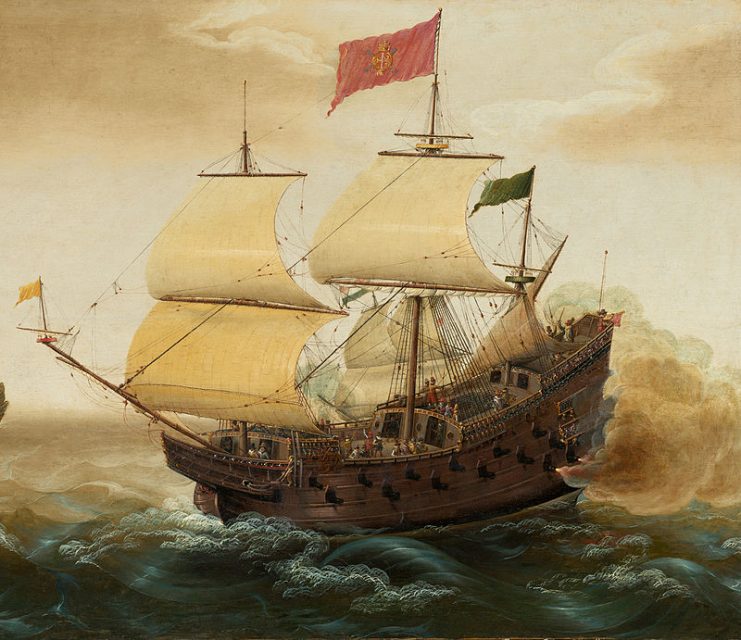 Spanish galleon firing its cannons at other ships