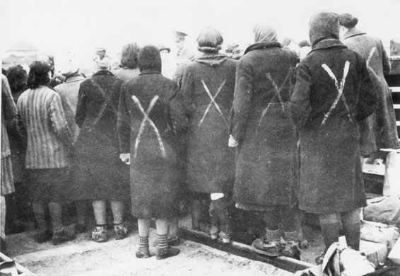 Surviving female prisoners gathered when the Red Cross arrived at Ravensbrück in April 1945. The white paint camp crosses show they were prisoners, not civilians.